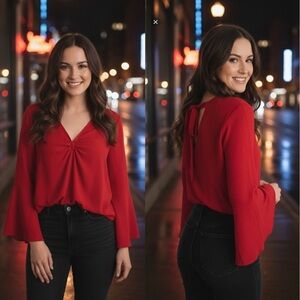 H&M Divided Bell Sleeve Tie Back Bright Red Blouse Top 8 Holidays & Valentines!